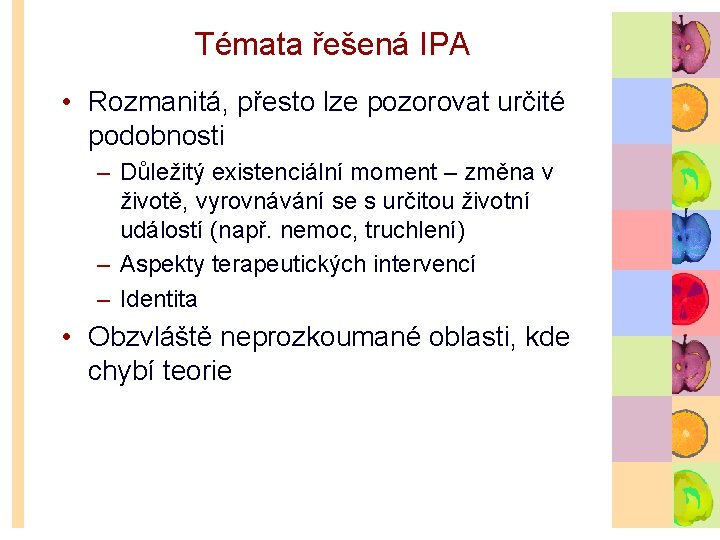 Témata řešená IPA • Rozmanitá, přesto lze pozorovat určité podobnosti – Důležitý existenciální moment