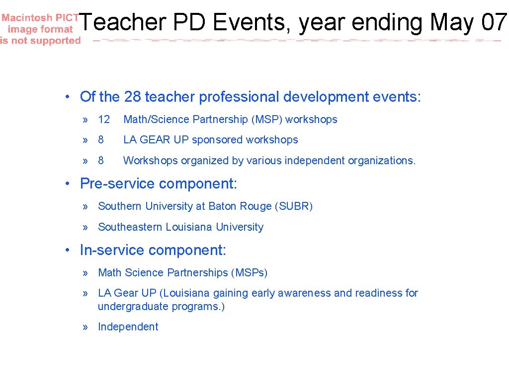 Teacher PD Events, year ending May 07 • Of the 28 teacher professional development