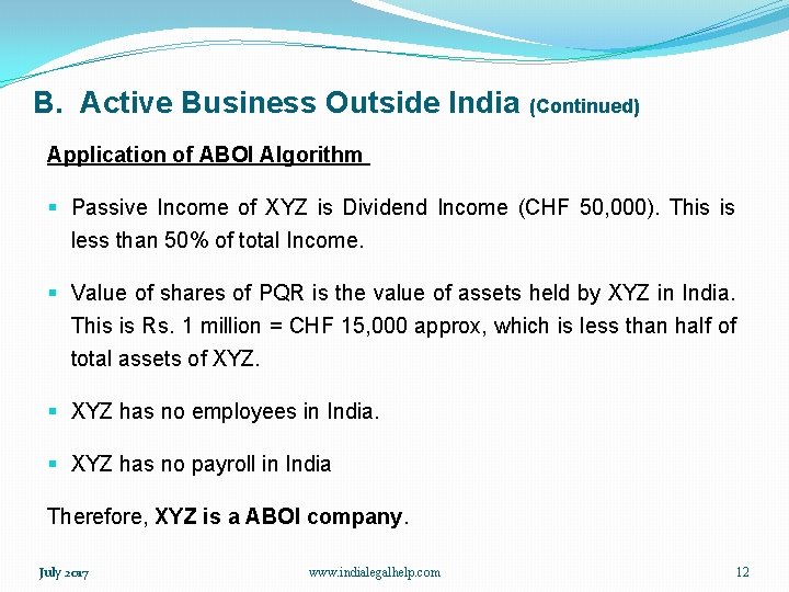 B. Active Business Outside India (Continued) Application of ABOI Algorithm § Passive Income of