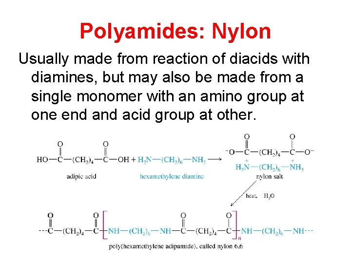 Polyamides: Nylon Usually made from reaction of diacids with diamines, but may also be