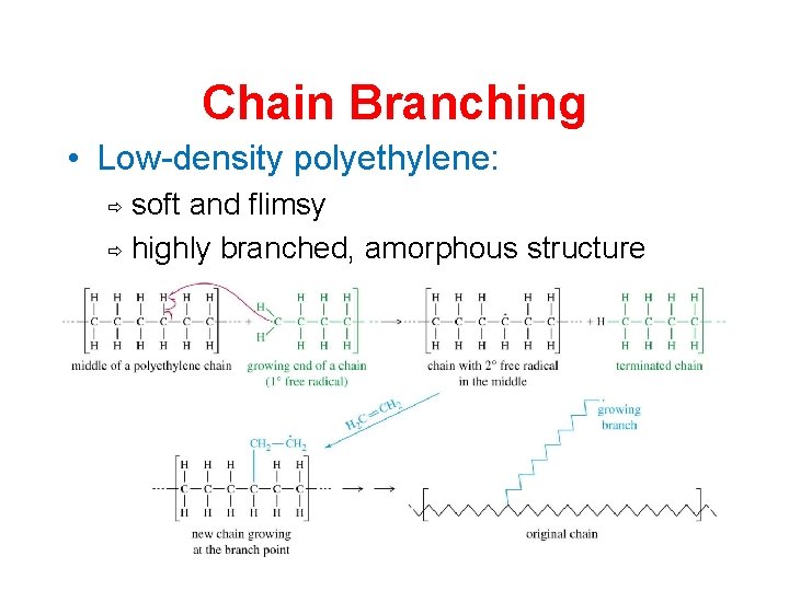 Chain Branching • Low-density polyethylene: soft and flimsy ð highly branched, amorphous structure ð