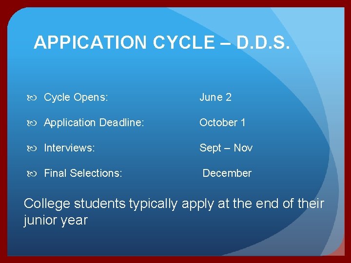 APPICATION CYCLE – D. D. S. Cycle Opens: June 2 Application Deadline: October 1