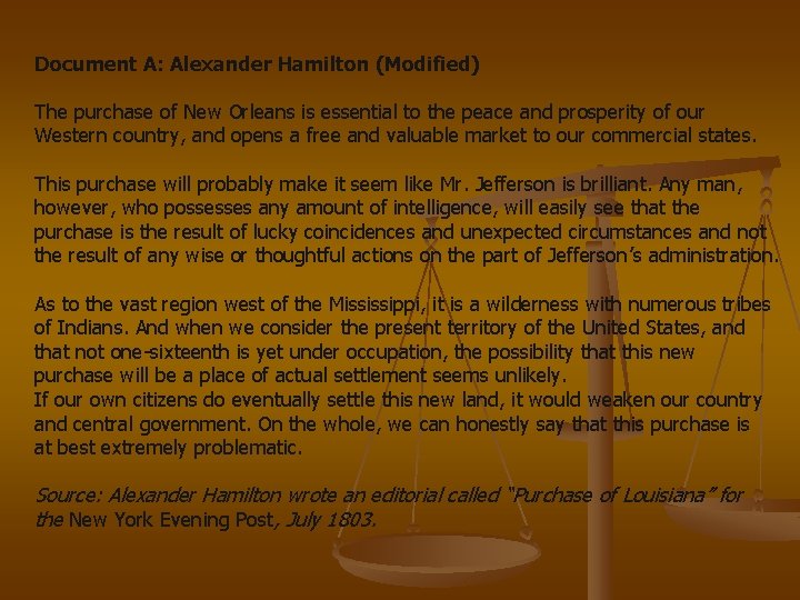 Document A: Alexander Hamilton (Modified) The purchase of New Orleans is essential to the