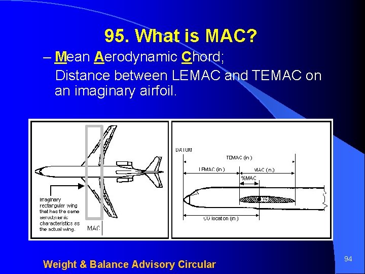 95. What is MAC? – Mean Aerodynamic Chord; Distance between LEMAC and TEMAC on
