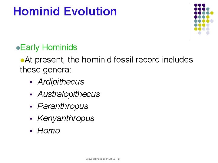 Hominid Evolution l. Early Hominids l. At present, the hominid fossil record includes these