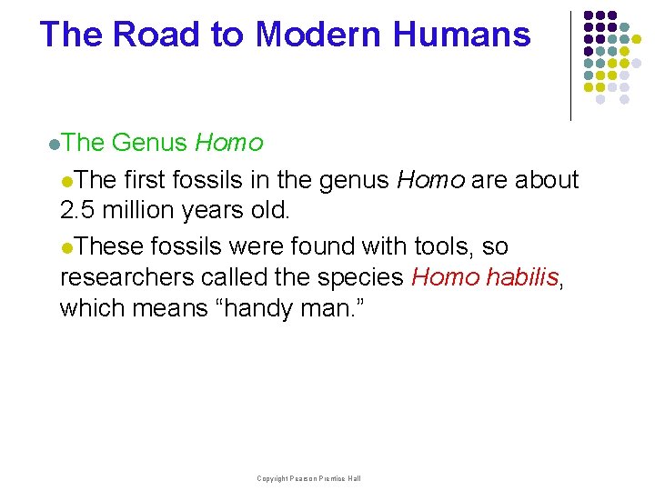 The Road to Modern Humans l. The Genus Homo l. The first fossils in