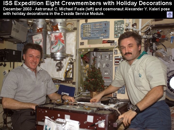 ISS Expedition Eight Crewmembers with Holiday Decorations December 2003 - Astronaut C. Michael Foale