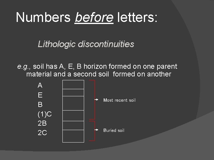 Numbers before letters: Lithologic discontinuities e. g. , soil has A, E, B horizon