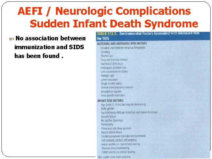 AEFI / Neurologic Complications Sudden Infant Death Syndrome No association between immunization and SIDS