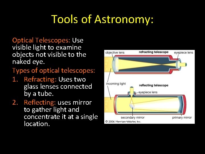 Tools of Astronomy: Optical Telescopes: Use visible light to examine objects not visible to