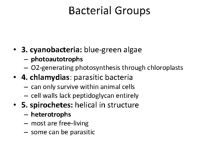 Bacterial Groups • 3. cyanobacteria: blue-green algae – photoautotrophs – O 2 -generating photosynthesis