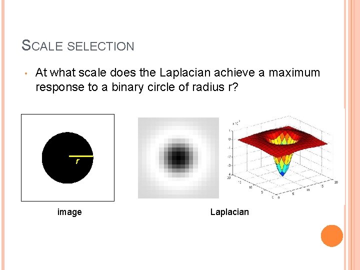 SCALE SELECTION • At what scale does the Laplacian achieve a maximum response to