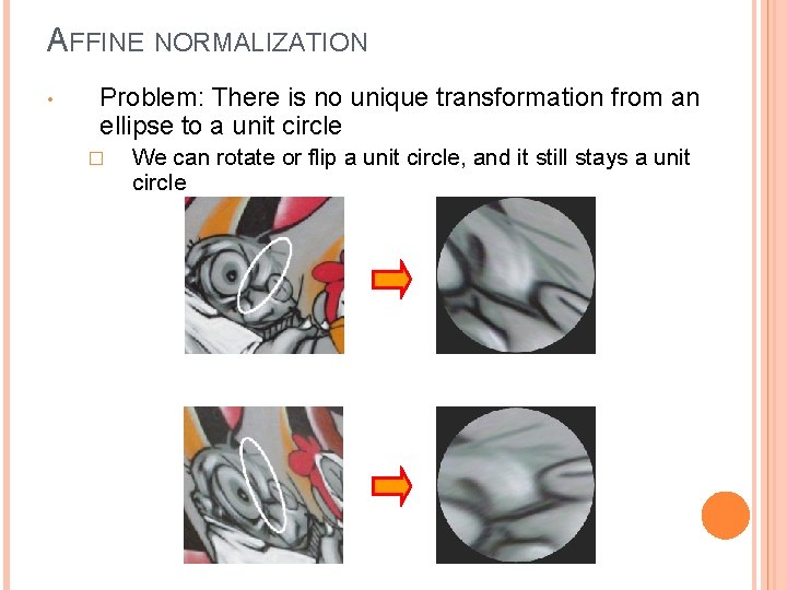 AFFINE NORMALIZATION • Problem: There is no unique transformation from an ellipse to a