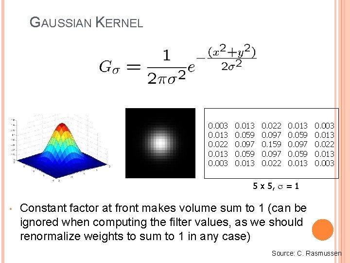 GAUSSIAN KERNEL 0. 003 0. 013 0. 022 0. 013 0. 003 0. 013