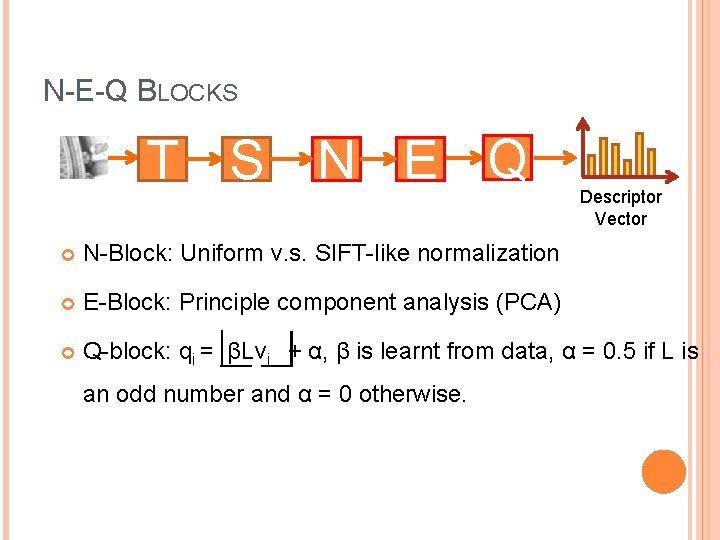 N-E-Q BLOCKS T S N E Q Descriptor Vector N-Block: Uniform v. s. SIFT-like