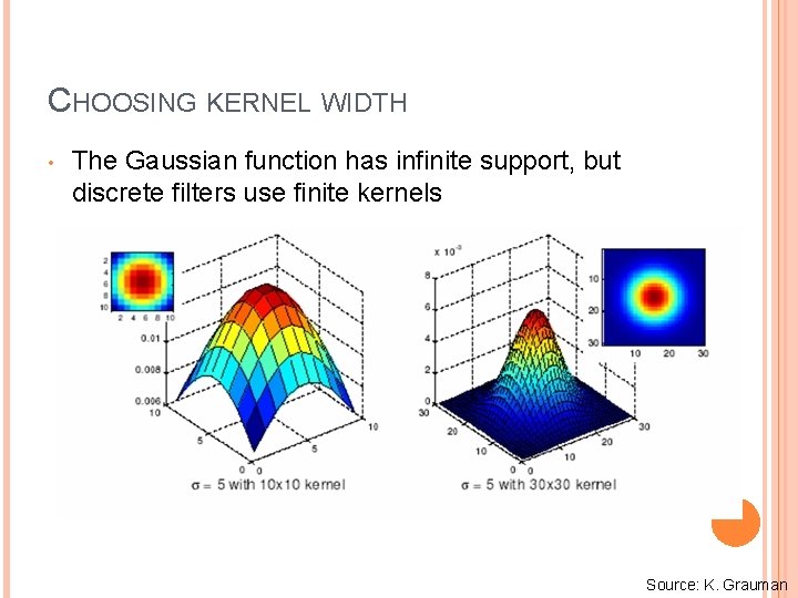 CHOOSING KERNEL WIDTH • The Gaussian function has infinite support, but discrete filters use
