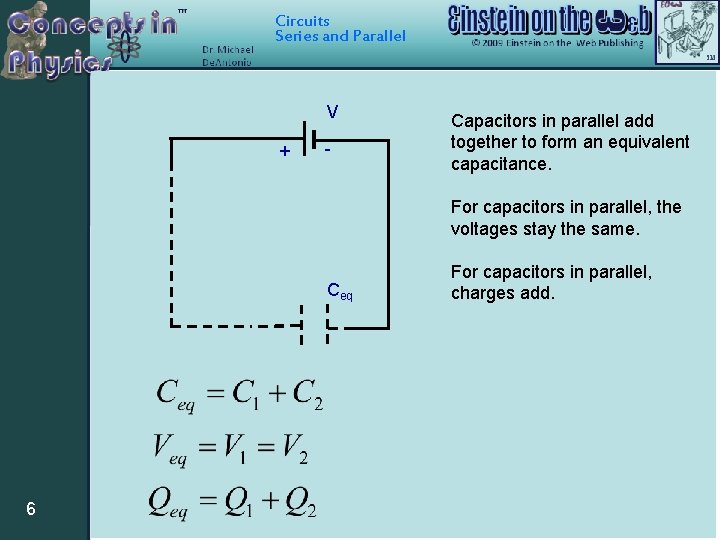 Circuits Series and Parallel V + C 1 CCeq 2 6 Capacitors in parallel