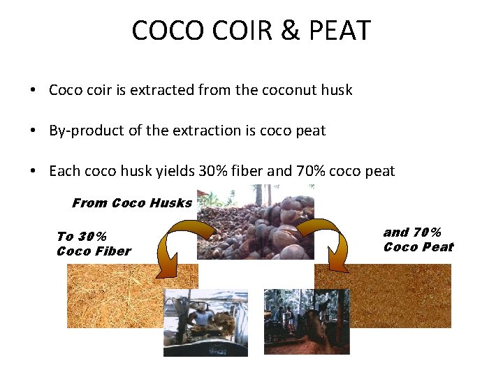 COCO COIR & PEAT • Coco coir is extracted from the coconut husk •