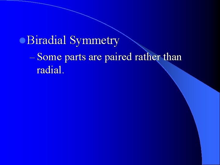 l Biradial Symmetry – Some parts are paired rather than radial. l Biradial Symmetry – Some parts are paired rather than radial.