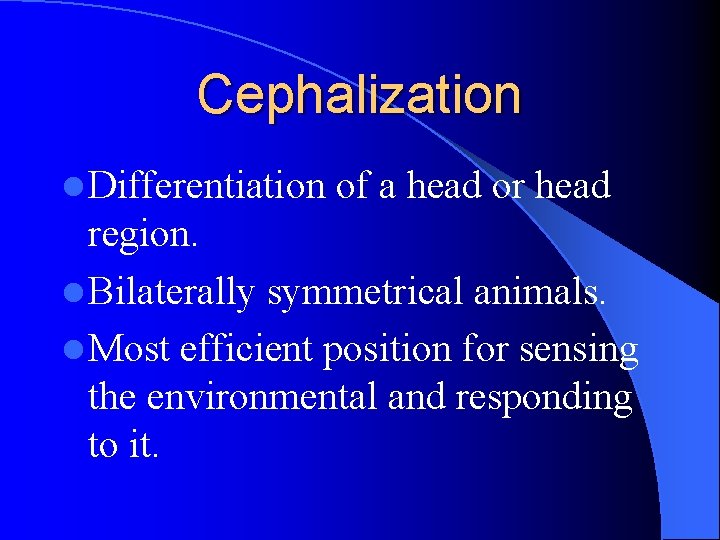 Cephalization l Differentiation of a head or head region. l Bilaterally symmetrical animals. l Cephalization l Differentiation of a head or head region. l Bilaterally symmetrical animals. l