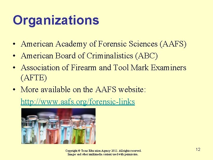 Organizations • American Academy of Forensic Sciences (AAFS) • American Board of Criminalistics (ABC)