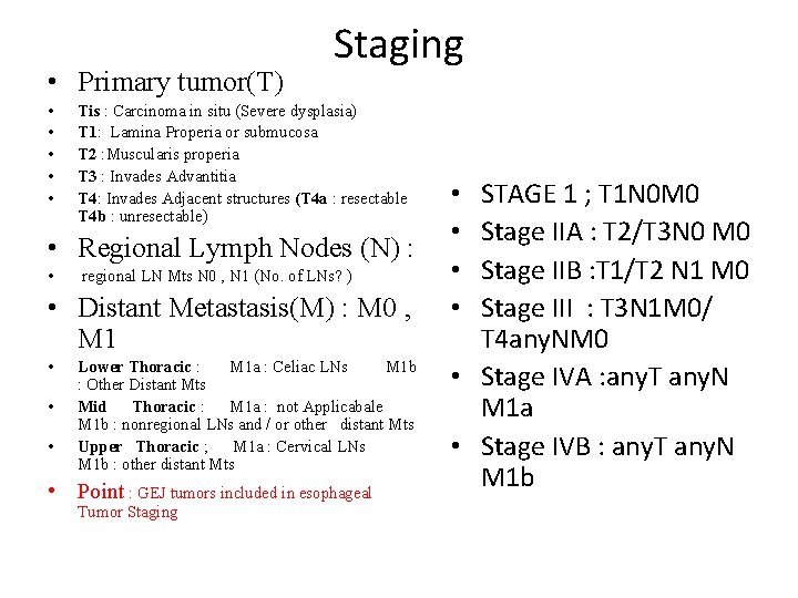  • Primary tumor(T) • • • Staging Tis : Carcinoma in situ (Severe