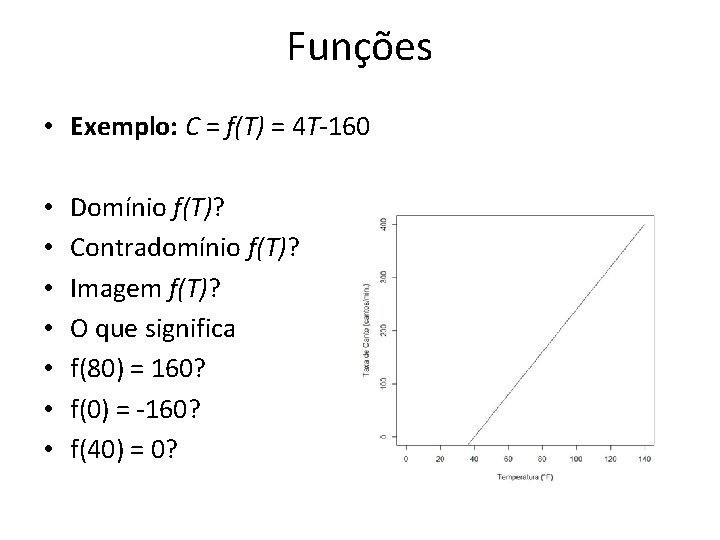 Funções • Exemplo: C = f(T) = 4 T-160 • Domínio f(T)? • Contradomínio