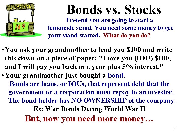 Bonds vs. Stocks Pretend you are going to start a lemonade stand. You need Bonds vs. Stocks Pretend you are going to start a lemonade stand. You need