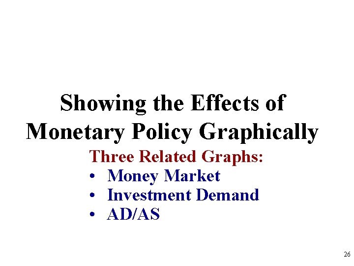Showing the Effects of Monetary Policy Graphically Three Related Graphs: • Money Market • Showing the Effects of Monetary Policy Graphically Three Related Graphs: • Money Market •