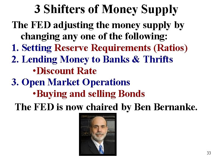 3 Shifters of Money Supply The FED adjusting the money supply by changing any