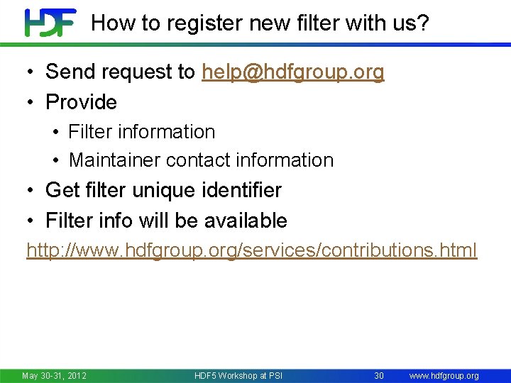 How to register new filter with us? • Send request to help@hdfgroup. org •