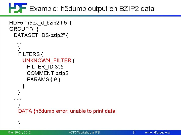 Example: h 5 dump output on BZIP 2 data HDF 5 "h 5 ex_d_bzip
