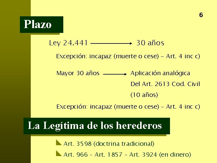 6 Plazo Ley 24. 441 30 años Excepción: incapaz (muerte o cese) - Art.