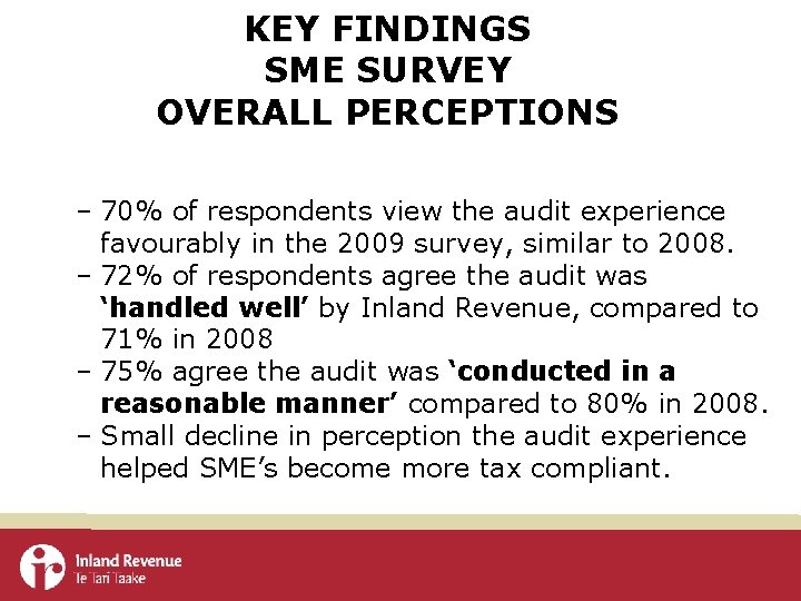 KEY FINDINGS SME SURVEY OVERALL PERCEPTIONS – 70% of respondents view the audit experience