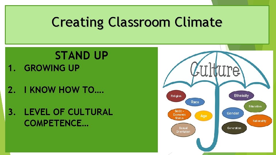 Creating Classroom Climate STAND UP 1. GROWING UP 2. I KNOW HOW TO…. 3.