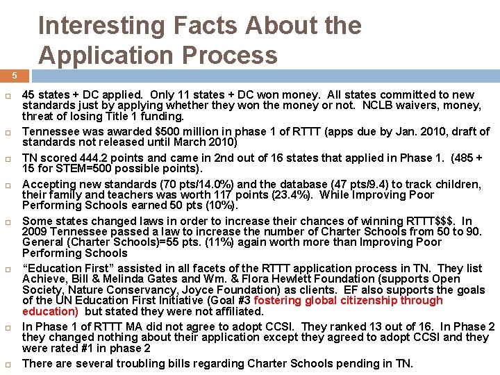 Interesting Facts About the Application Process 5 45 states + DC applied. Only 11