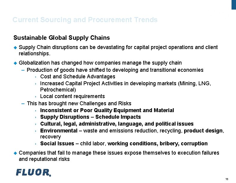 Fluor Procurement Current Sourcing and Procurement Trends Sustainable Global Supply Chains u Supply Chain