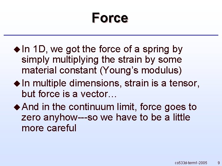 Force u In 1 D, we got the force of a spring by simply