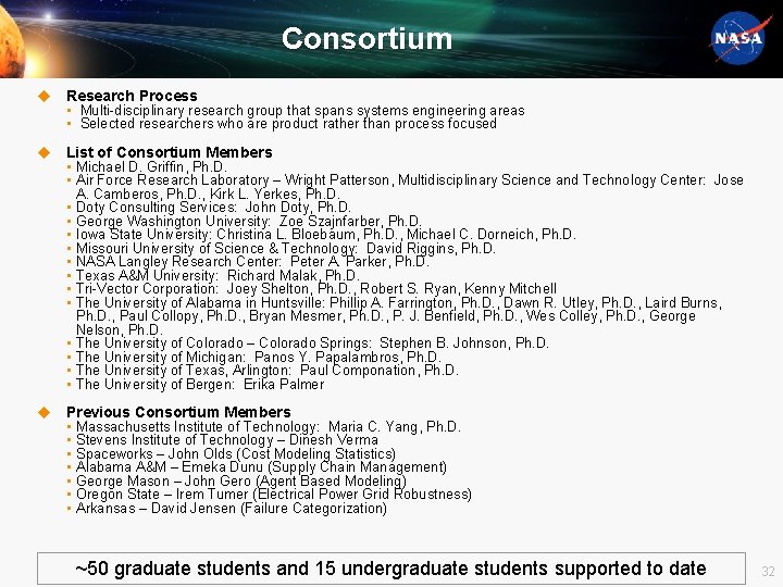 Consortium u Research Process • Multi-disciplinary research group that spans systems engineering areas •