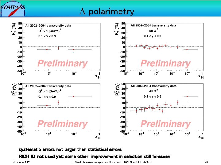 L polarimetry systematic errors not larger than statistical errors RICH ID not used yet;