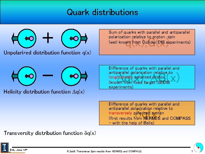Quark distributions Sum of quarks with parallel and antiparallel polarization relative to proton spin