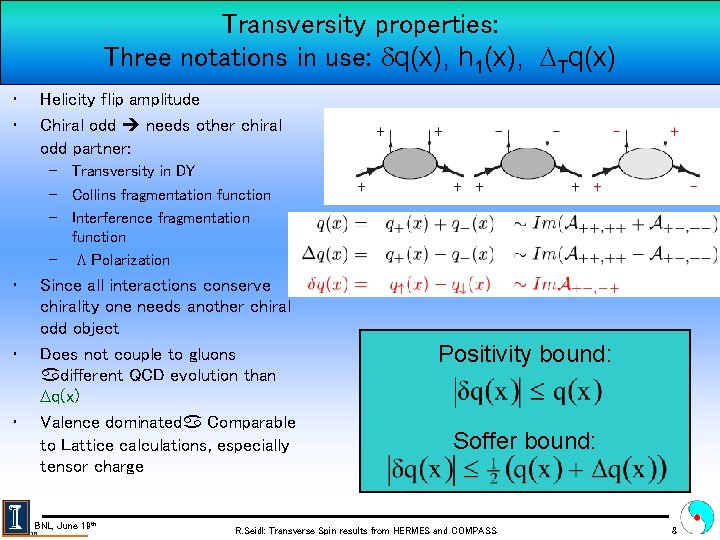 Transversity properties: Three notations in use: dq(x), h 1(x), DTq(x) • • Helicity flip