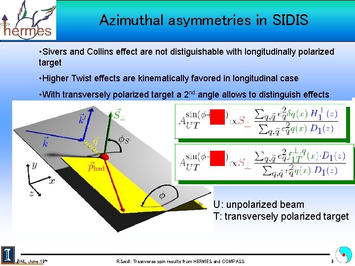 Azimuthal asymmetries in SIDIS • Sivers and Collins effect are not distiguishable with longitudinally