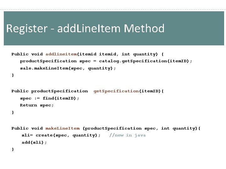 Register - add. Line. Item Method Public void addlineitem(itemid, int quantity) { product. Specification Register - add. Line. Item Method Public void addlineitem(itemid, int quantity) { product. Specification