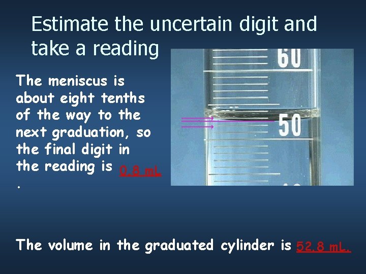 Estimate the uncertain digit and take a reading The meniscus is about eight tenths