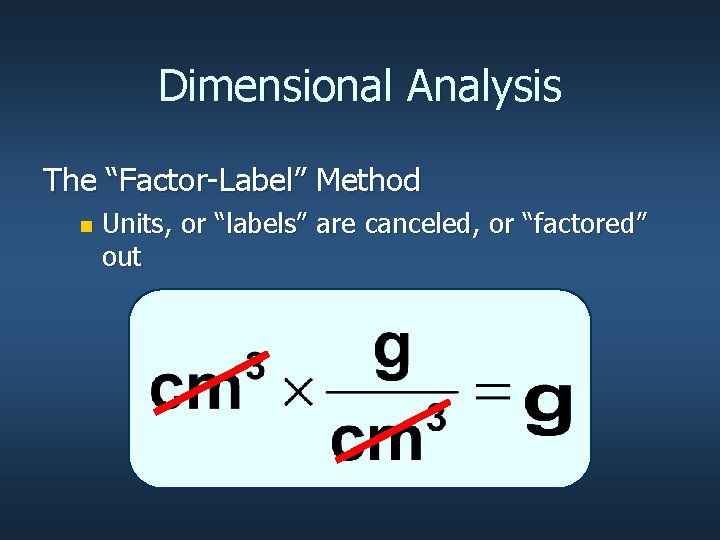 Dimensional Analysis The “Factor-Label” Method n Units, or “labels” are canceled, or “factored” out