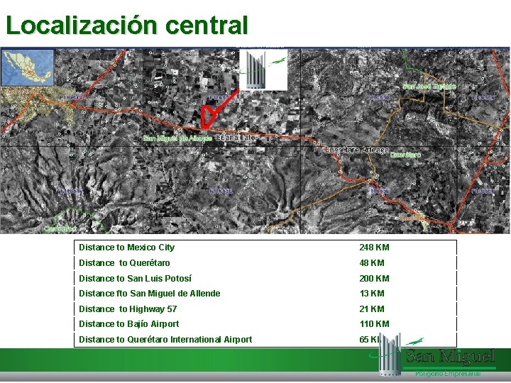 Localización central Distance to Mexico City 248 KM Distance to Querétaro 48 KM Distance