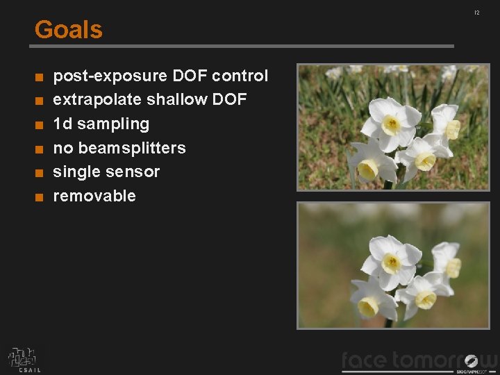 Goals ■ ■ ■ post-exposure DOF control extrapolate shallow DOF 1 d sampling no