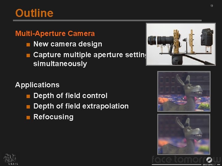 Outline Multi-Aperture Camera ■ New camera design ■ Capture multiple aperture settings simultaneously Applications