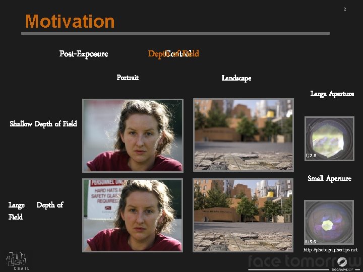 2 Motivation Post-Exposure Depth of Field Depth. Control of Field Portrait Landscape Large Aperture